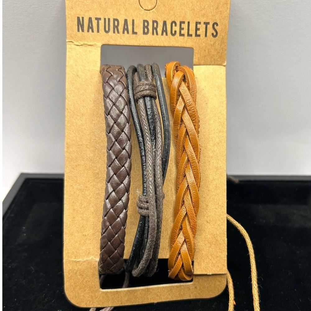 Natural Bracelets Unisex Brown Braided Faux Leather‎ Adjustable Rustic 3pc Set